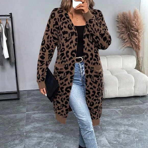 Brown Casual Women's Long Sleeve Leopard Print Long Cardigan Sweater - Picture 6 of 6